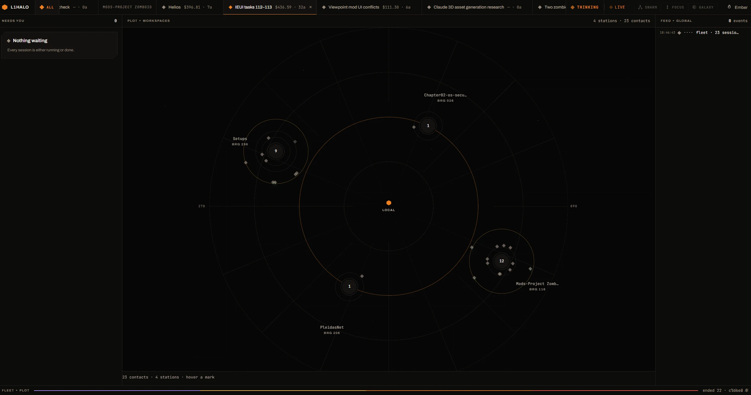 L1halo All sessions view: workspaces plotted as stations around a local center, each with its session count
