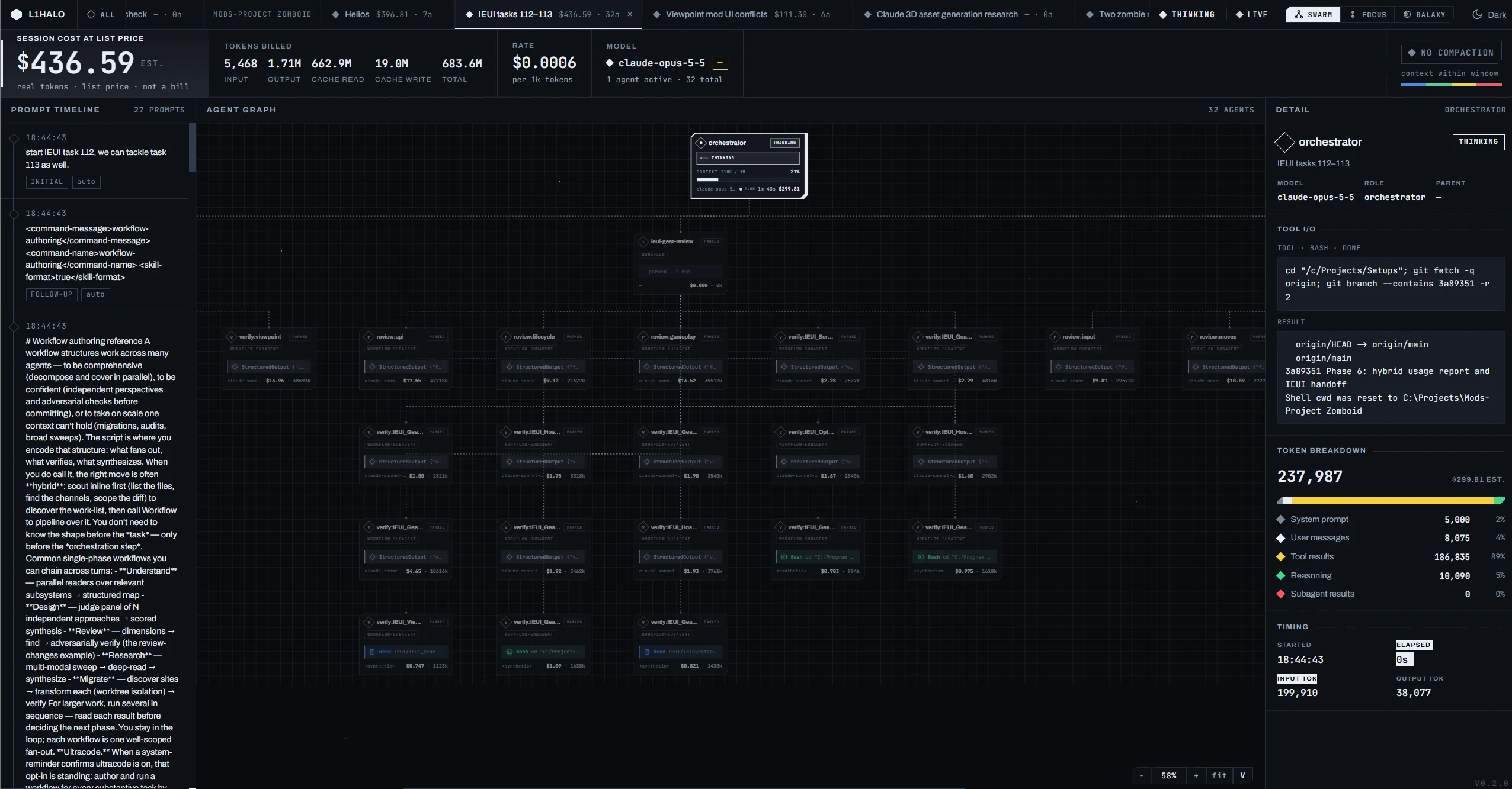 L1halo Swarm view: the orchestrator at the top with review and verify sub-agents from a workflow run arranged beneath it
